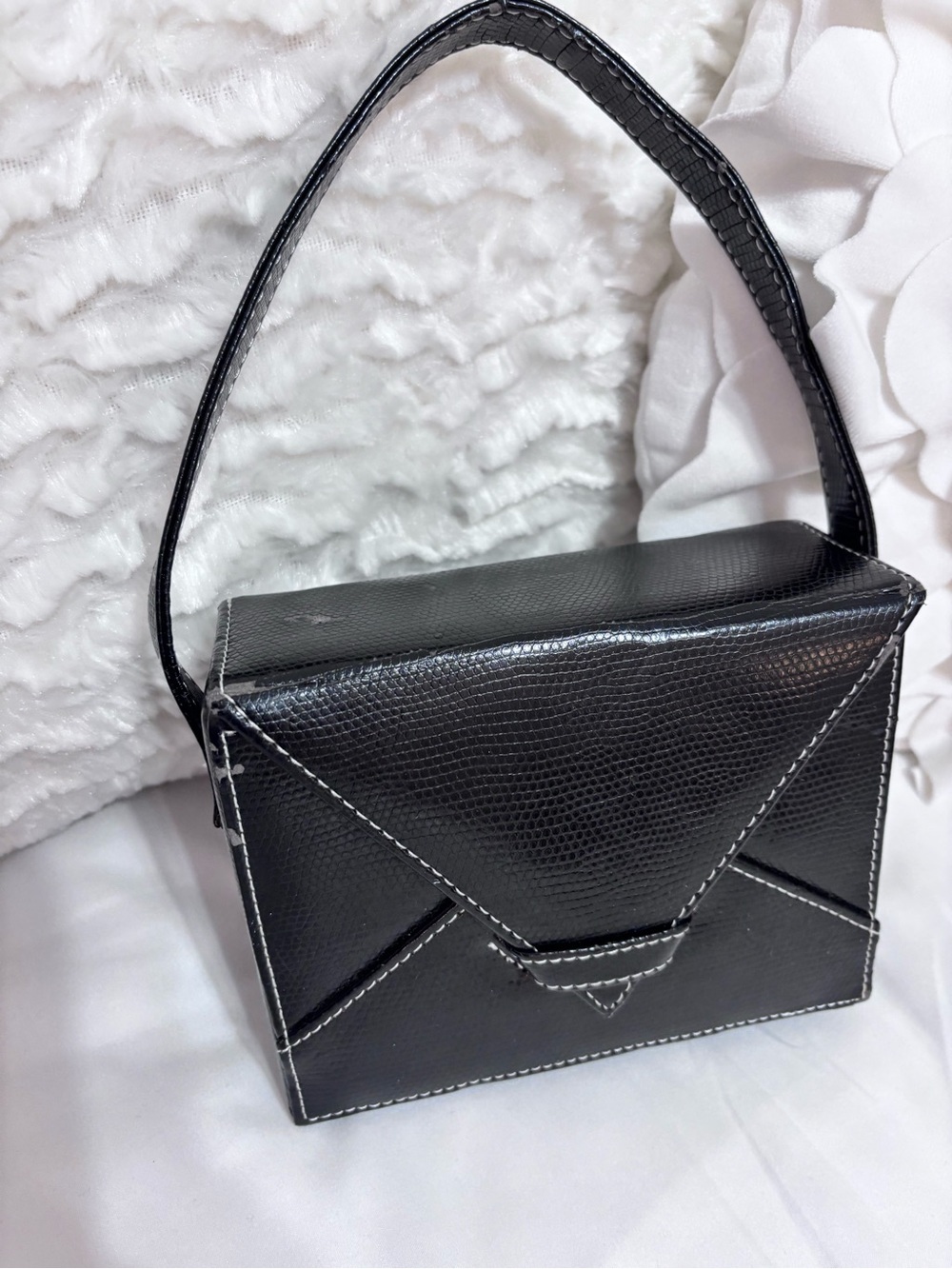 Vintage Sondra Roberts Black Lizard Embossed Envelope Top Handle Handbag Retro M